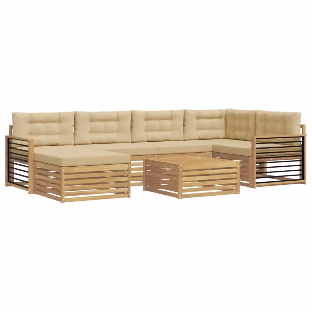 Set di divani da esterno vidaXL a forma di L composto da 7 pezzi in legno di acacia con cuscini inclusi, colore bianco e beige – 2