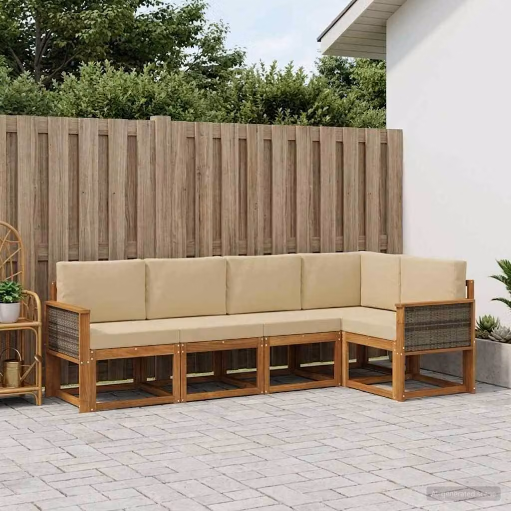 Set di divani da esterno vidaXL a forma di L in legno di acacia con cuscini, Beige e Marrone