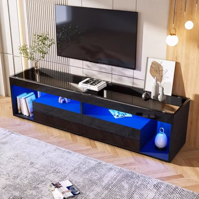 Mobile TV nero lucido con LED per TV fino a 70", 2 cassetti, consolle per soggiorno e camera da letto