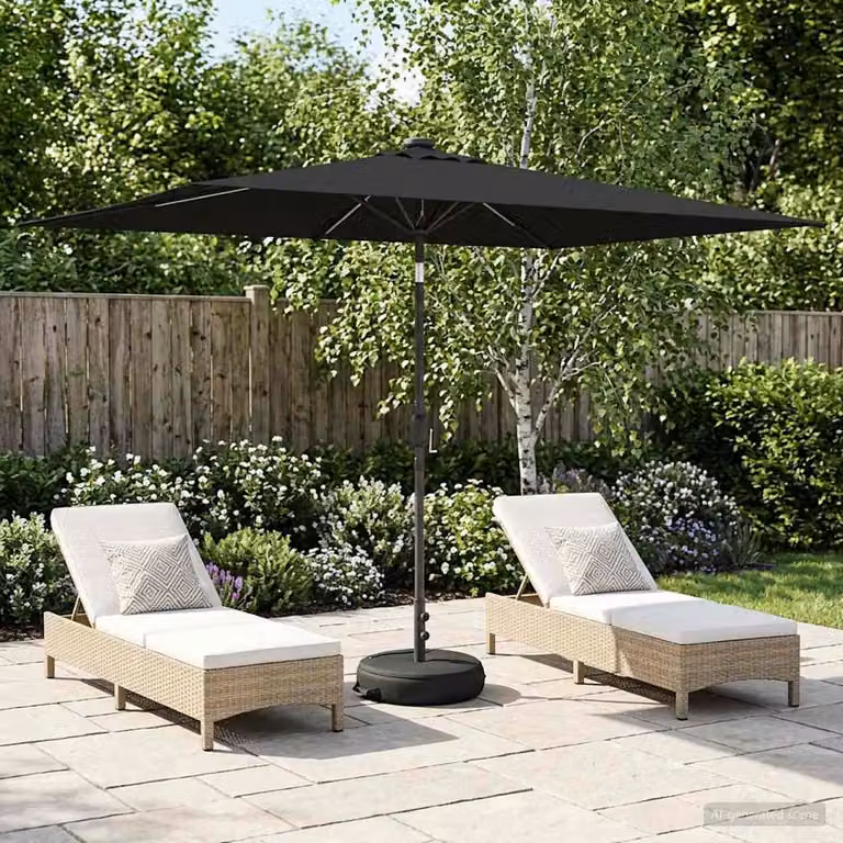 Parasol da giardino vidaXL con luci LED e base, colore nero, in poliestere e metallo, L: 300 cm, P: 200 cm