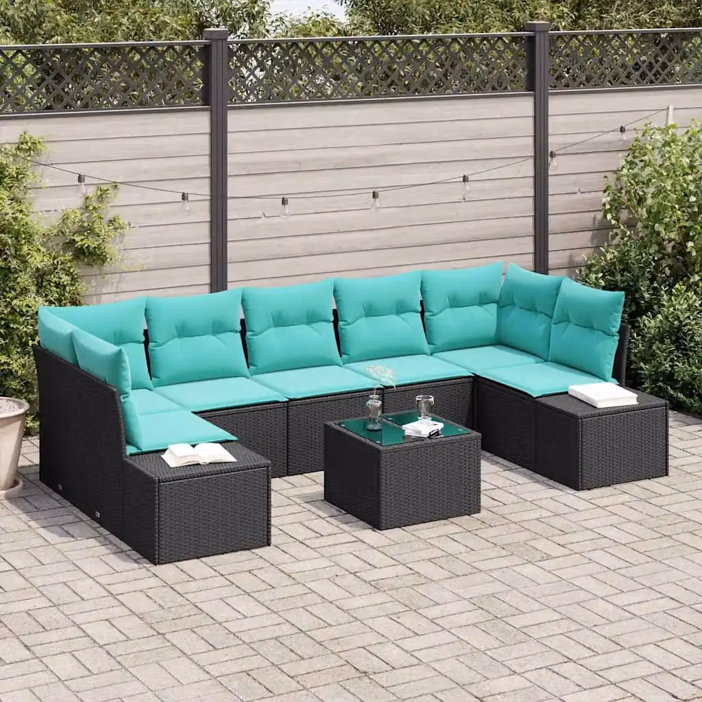 Set Divano da Giardino 8 pz vidaXL in Polyrattan con Cuscini Nero e Turchese