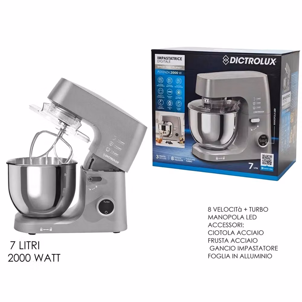 Impastatrice Planetaria Digitale Trade Shop Traesio Grigia con Display LED, 7lt, 2000W e 8 Velocità più Funzione Turbo – 2