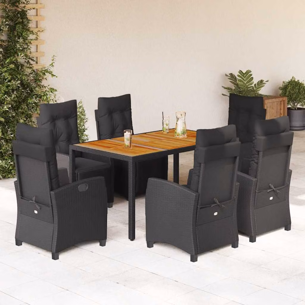 Set da Pranzo da Giardino vidaXL 7 pz in Polyrattan e Legno di Acacia Nero con Cuscini – 1
