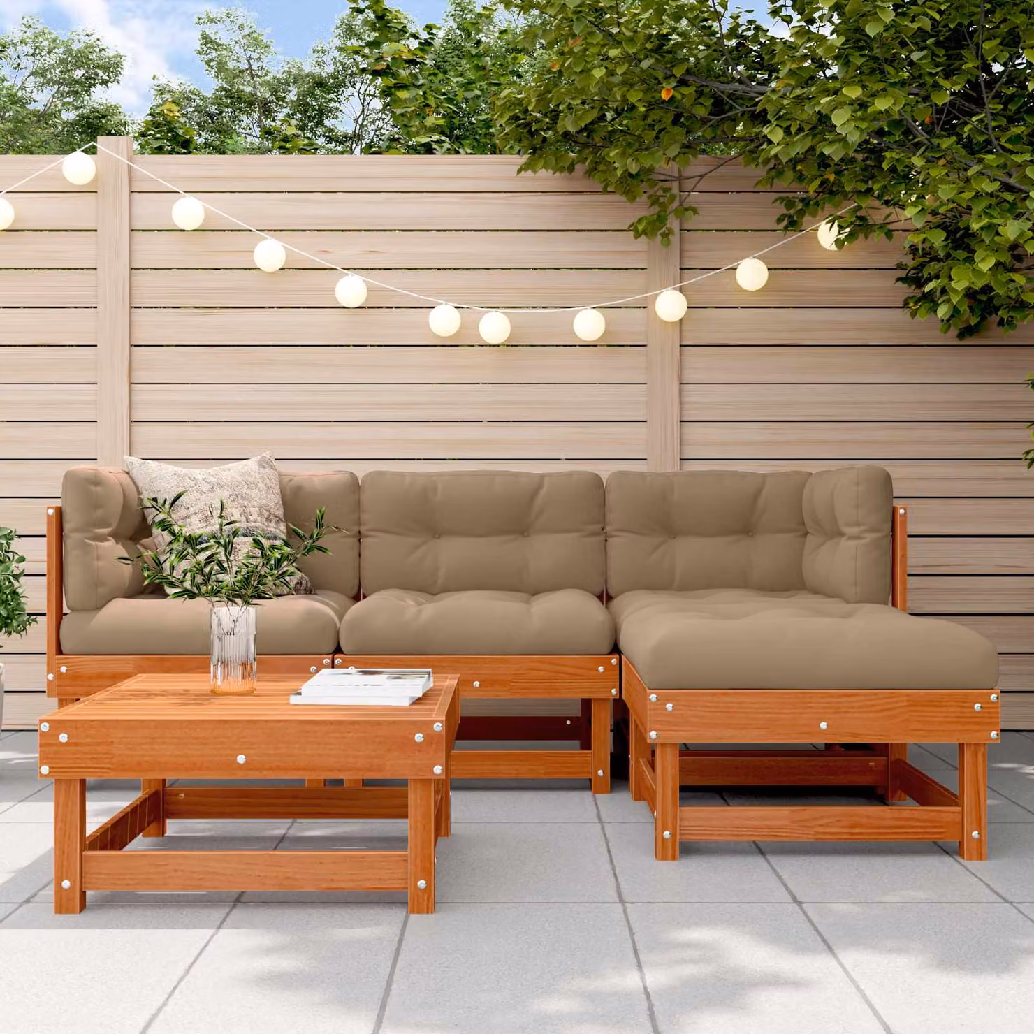 Set Lounge da Giardino vidaXL in Legno di Pino Marrone con Cuscini, Composizione a L di 5 Pezzi