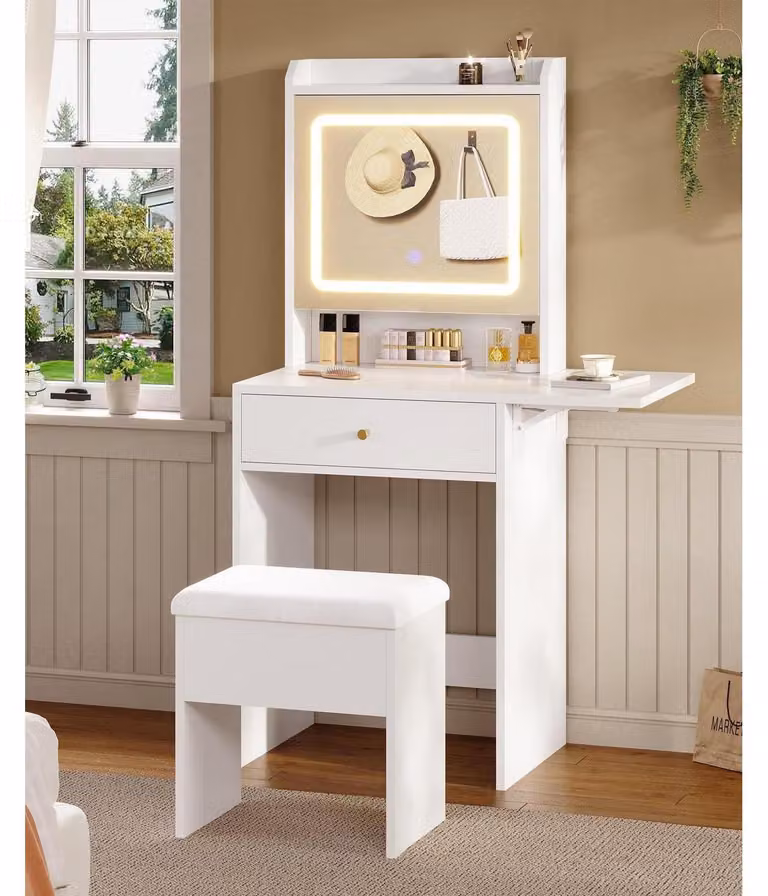 Comò da trucco con illuminazione, sgabello, 3 colori, luminosità regolabile, bianco