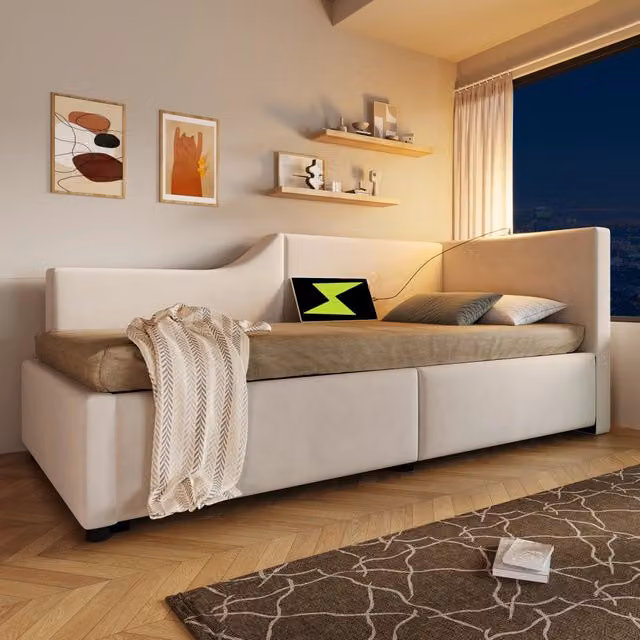 Letto a giorno 90x190 cm con contenitore; luce da lettura e USB C; velluto beige