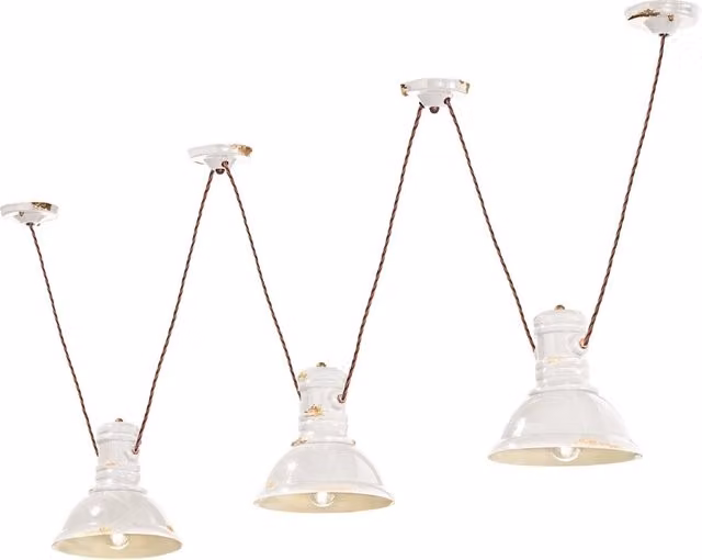 Lampadario a sospensione Industrial Ferroluce in metallo e ceramica bianca con 3 luci E27