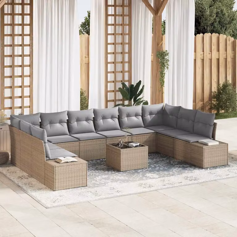 Set Divano da Giardino vidaXL 11 pz a forma a U in Polyrattan Beige con Cuscini e Tavolino