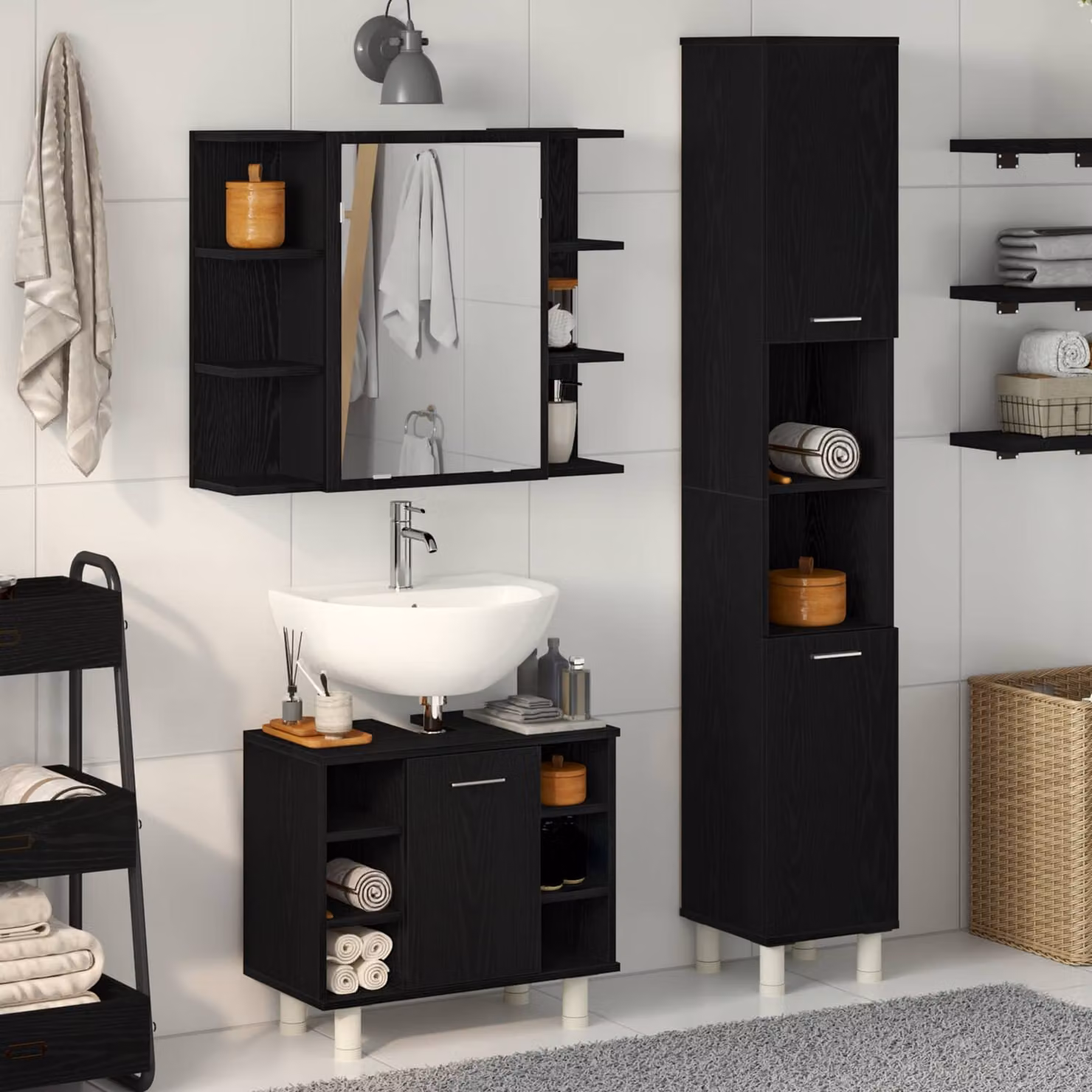 Set di mobili per il bagno moderno vidaXL in 3 pezzi nero con specchio e ripiani, L/P/H: 30 x 30 x 179,5 cm
