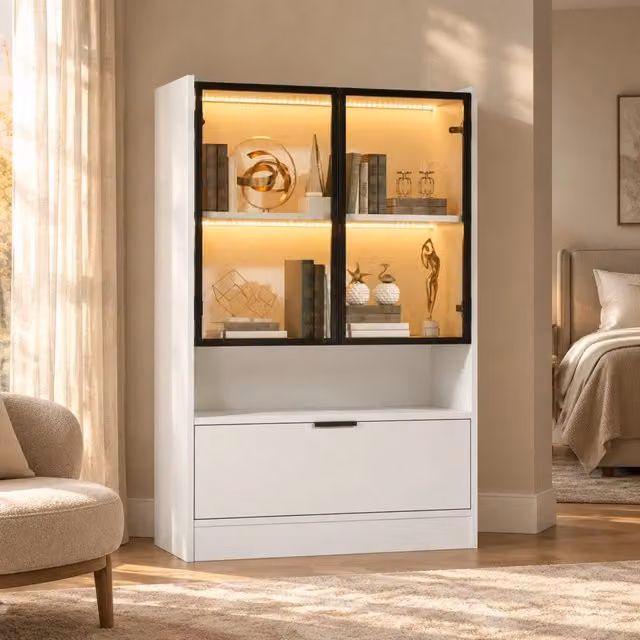 Vetrina ULEVR 80x35x120 cm con LED USB multicolore e app, ante in vetro temperato e vano a ribalta, bianco opaco