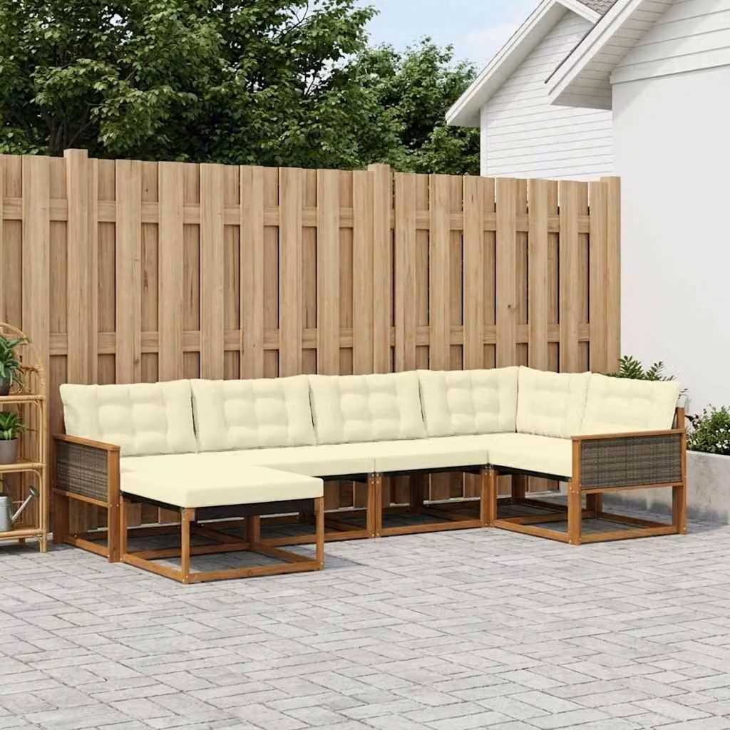 Set di divani da esterno vidaXL 6 pz a forma di L in legno di acacia con cuscini beige e ottoman coordinato