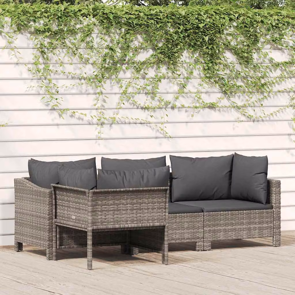 Set da giardino vidaXL a 4 pezzi in rattan grigio con cuscini e struttura in acciaio