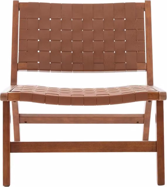 Poltrona senza braccioli con seduta intrecciata a scacchi e cuscino imbottito, in PU e legno marrone, 71 × 66 × 72 cm