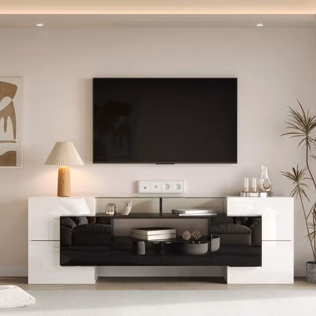Mobile TV moderno MIVRAY bianco e nero con illuminazione LED controllabile tramite app, 6 ante, 2 cassetti e 3 vani, L 200 cm x P 35 cm x H 60 cm