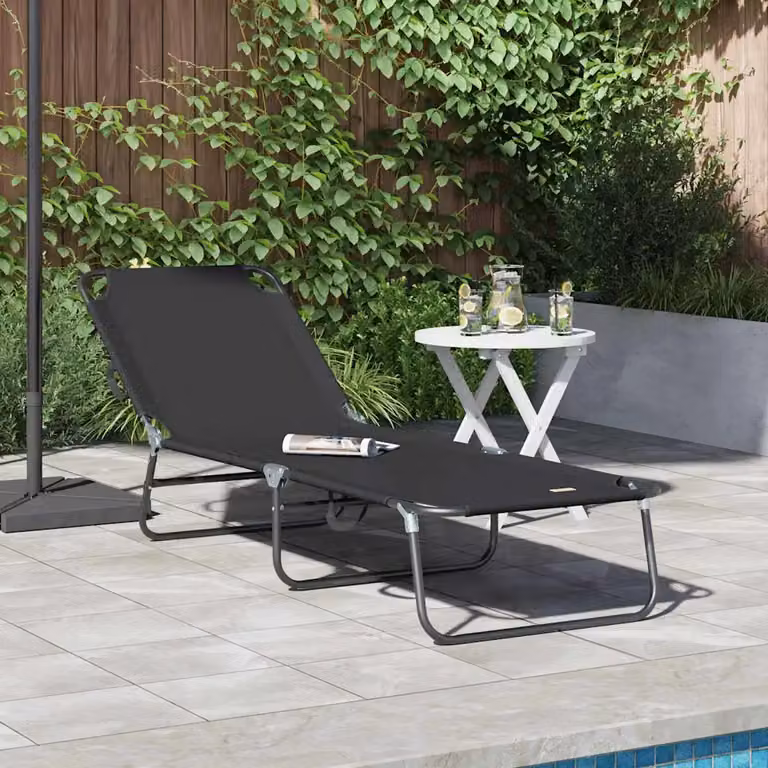 vidaXL Lettino prendisole pieghevole in textilene nero con poggiatesta regolabile L: 188 cm, P: 57 cm, H: 86,5 cm