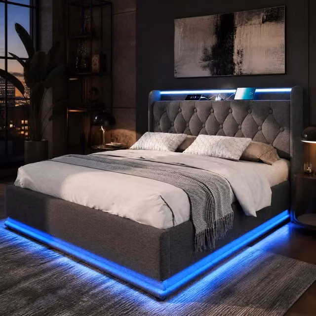 Letto matrimoniale 180x200 cm con contenitore idraulico; LED e USB-C; grigio