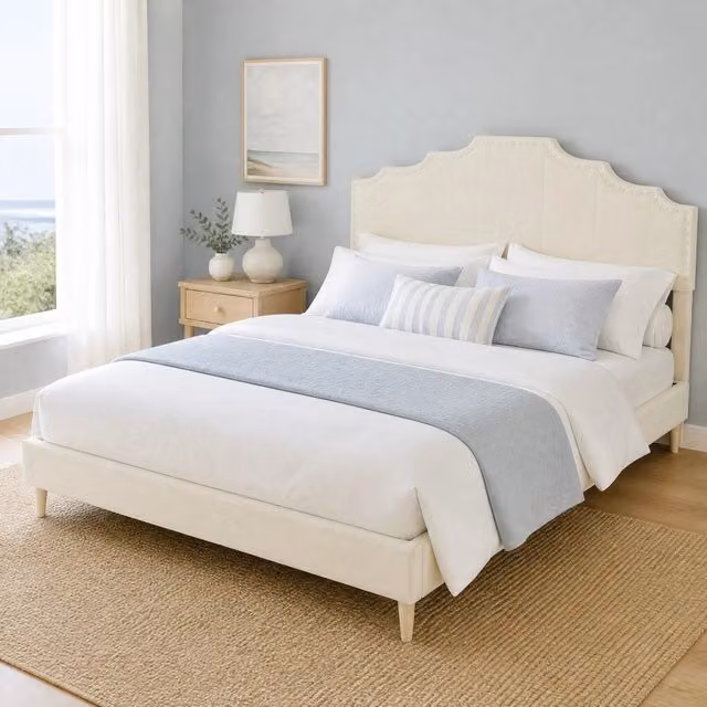 Letto matrimoniale 160x200 cm in tessuto beige con testiera, stabile, senza materasso –