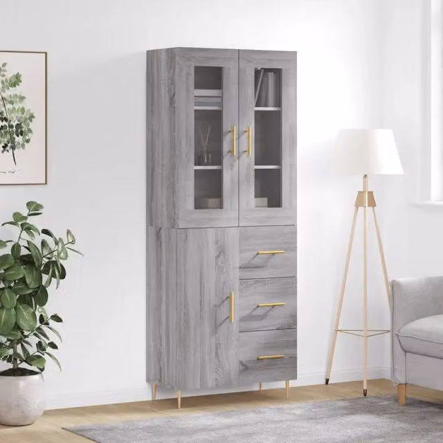 Credenza moderna vidaXL in legno, vetro e metallo, colore grigio, L: 69,5 cm, P: 34 cm, H: 180 cm