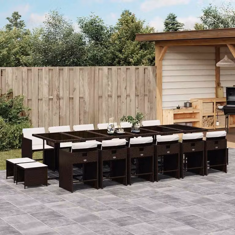 vidaXL Set da Pranzo da Giardino 17 pz in Polyrattan Marrone con Cuscini e Tavolo in Vetro