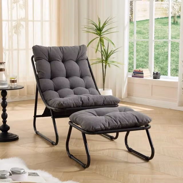 Poltrona Reclinabile da Esterno con Pouf, Sedia Lounge Comoda in Tessuto con Cuscino Imbottito e Poggiapiedi, Telaio Nero e Cuscino Grigio