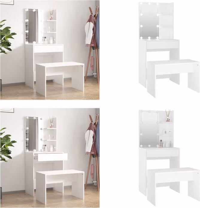 vidaXL Set di tavolini da toilette con LED in legno bianco - Set di tavolini da toilette con LED - Set di tavolini da toilette con LED - Set di tavolini da toilette - Tavolino da toilette con specchio