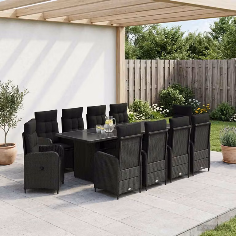 Set da pranzo per esterni vidaXL da 11 pezzi in polyrattan e legno di acacia nero