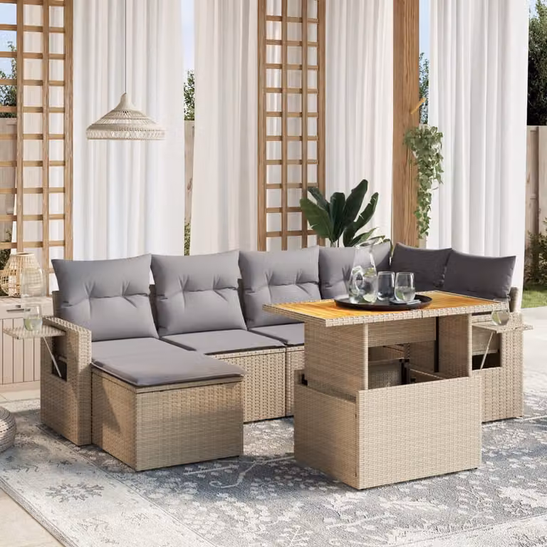vidaXL Set Divani da Giardino 7 pz a L in Polyrattan con Cuscini Beige e Tavolino da Esterno