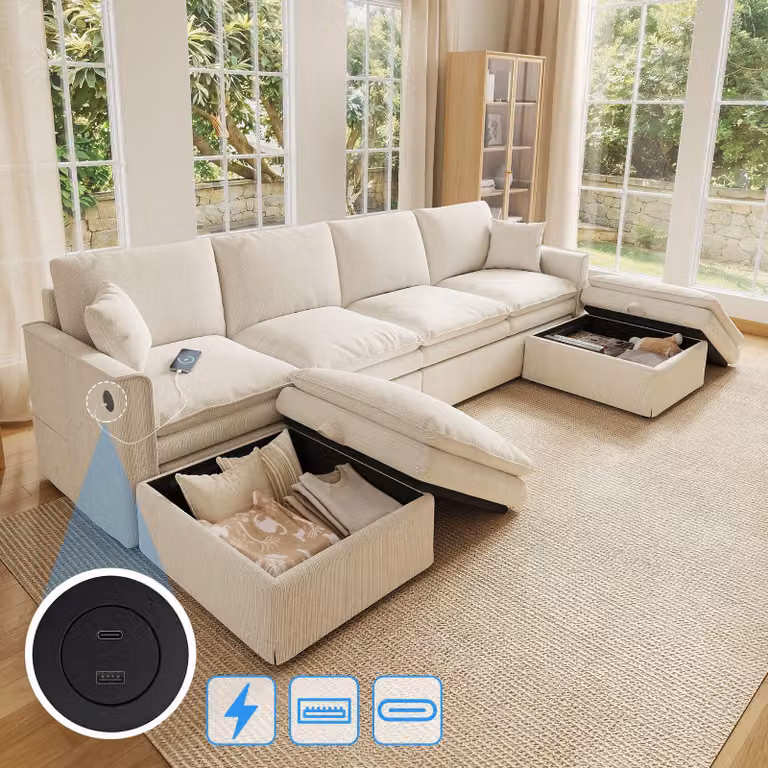 Divano angolare a forma di U, modulare, con 6 posti, dotato di poggiapiedi con spazio contenitore, trasformabile in forma a L, con connessioni USB e Type-C, rivestito in cotone e lino, color beige