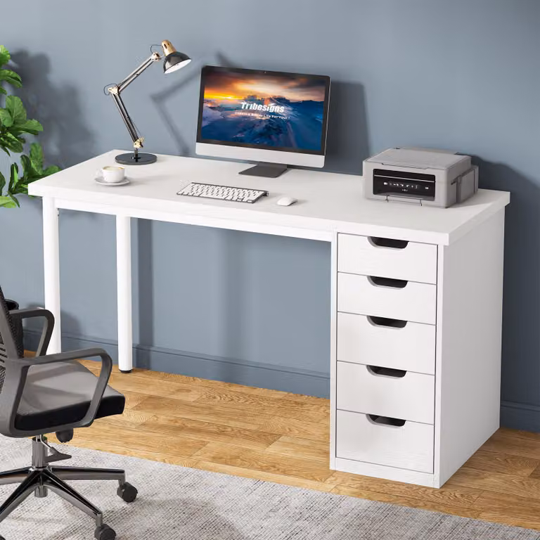 Scrivania per computer con 5 cassetti, bianca, moderna e minimalista, con struttura in metallo, ideale per l'ufficio domestico
