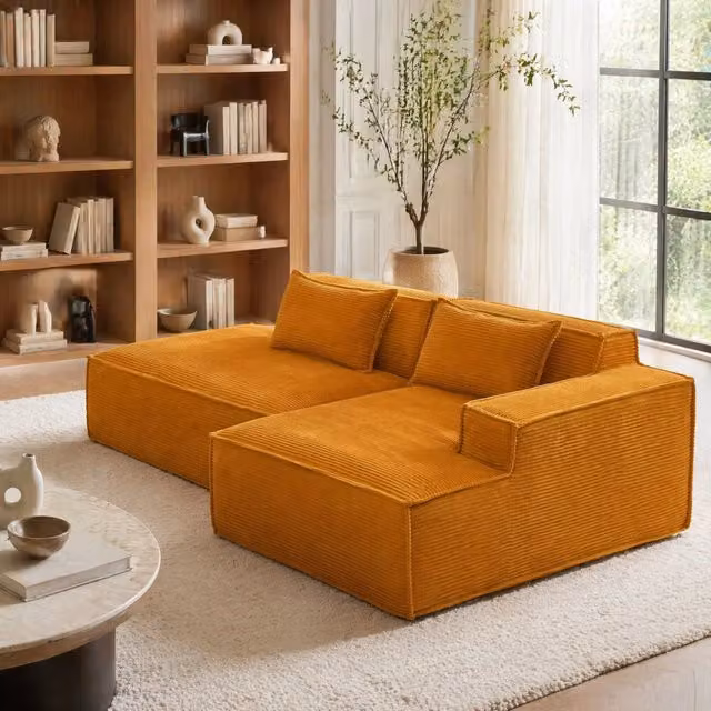 Divano moderno Mivray in velluto a coste giallo, con seduta imbottita e struttura con orientamento a sinistra, ideale per il tuo soggiorno o ufficio in casa, L: 235 cm, P: 129 cm, H: 70 cm – 1