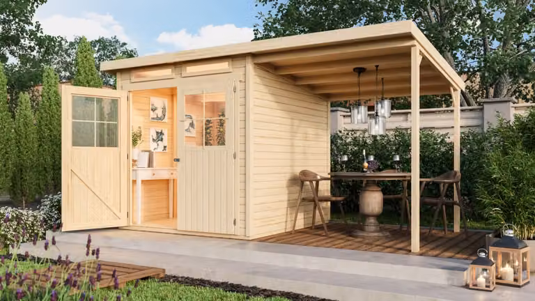 Casetta da giardino Karibu Glücksburg 3 in set con tettoia annessa in vero legno al naturale; casetta da giardino e ripostiglio per attrezzi