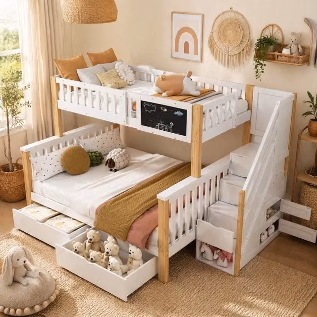 Lettino a castello per bambini con lavagna e cassetti; 90x200 cm; bianco e rovere chiaro