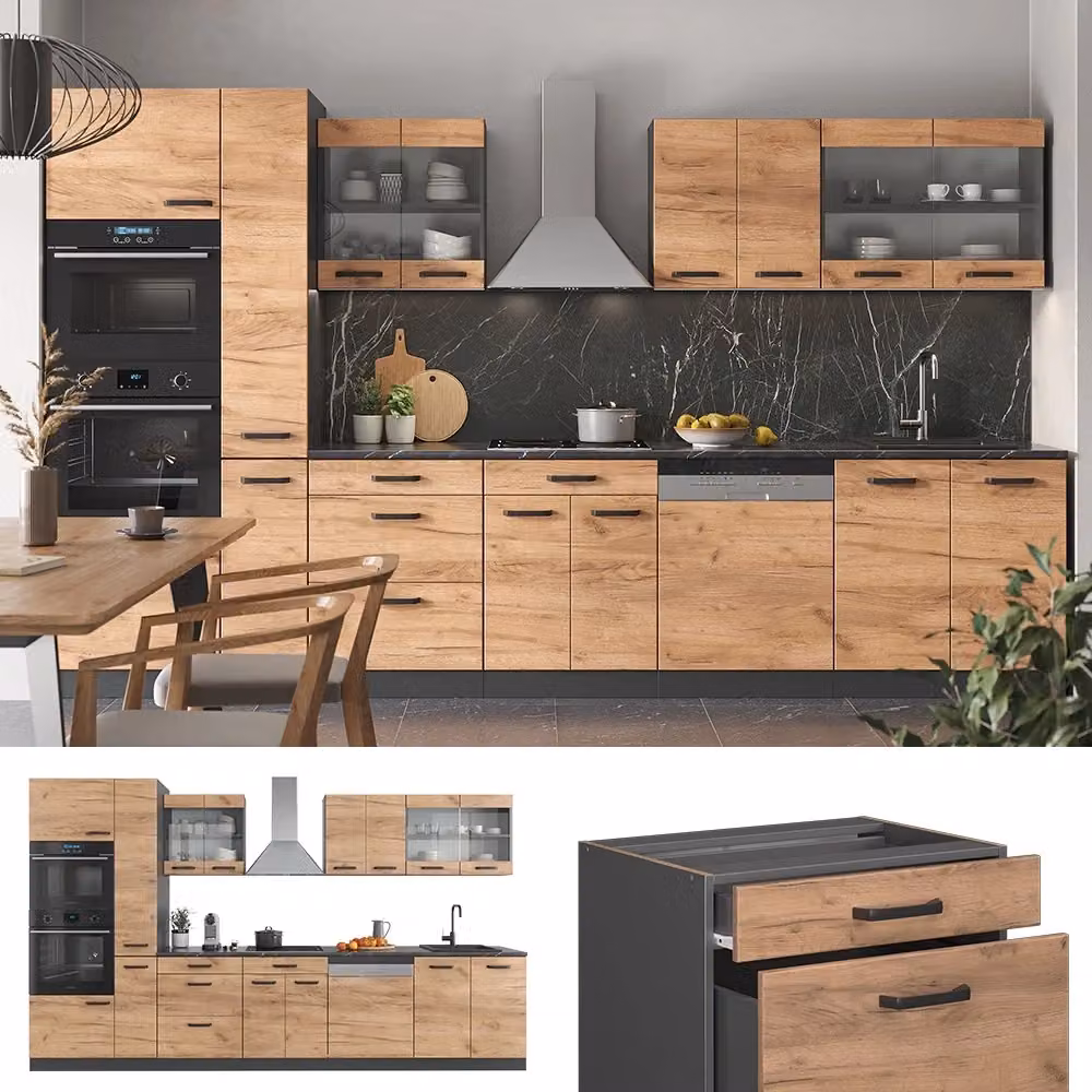 Cucina componibile moderna Vicco R-Line in rovere e antracite con armadio alto, larghezza: 350 cm – 2