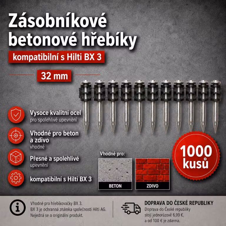 Chiodi in acciaio per calcestruzzo, 32 mm – confezione da 1000 pezzi, compatibili con Hilti BX 3 – per calcestruzzo e muratura