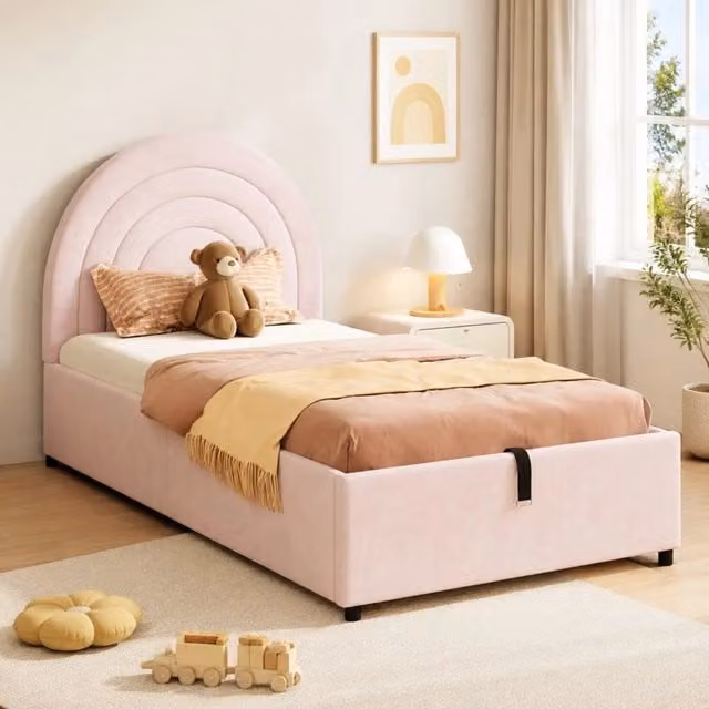 Letto singolo imbottito con contenitore idraulico 90x200 cm in velluto rosa