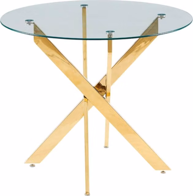 Tavolo da pranzo rotondo 80x80x75 cm con piano in vetro temperato e gambe metalliche incrociate color oro