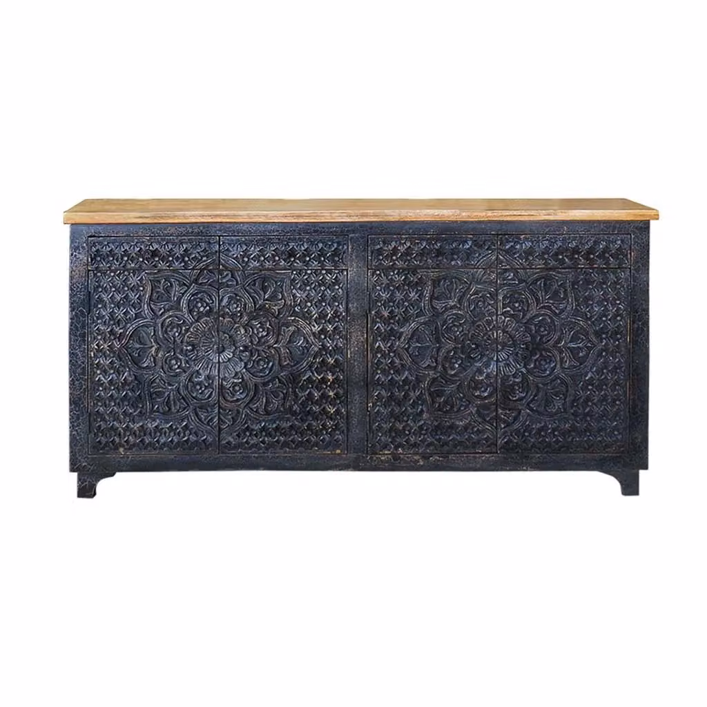 Credenza Wanderlust Deco in legno di mango nero con decorazioni floreali ed etiche L/P/H: 183 x 42 x 92 cm – 2