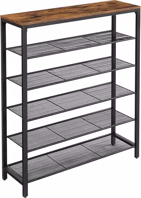 Rack per scarpe - Organizzatore per scarpe vintage - Piastra in legno per scarpe - 100 x 30 x 110 cm - Struttura in acciaio - 11,2 kg - Antiscivolo - Montaggio semplice