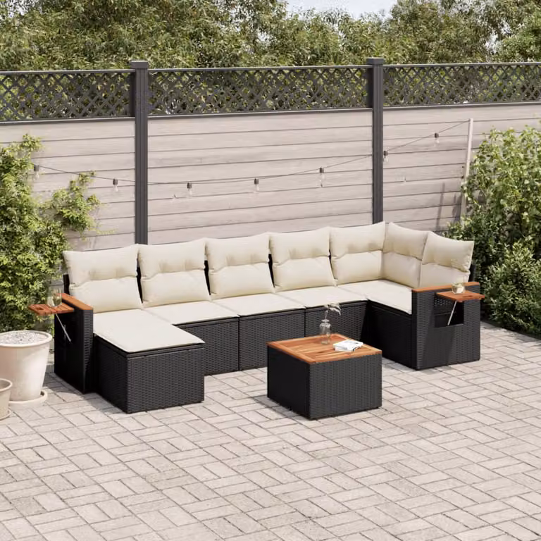 vidaXL Set Divani da Giardino a L con Cuscini 8 pz in Polyrattan Nero e Bianco