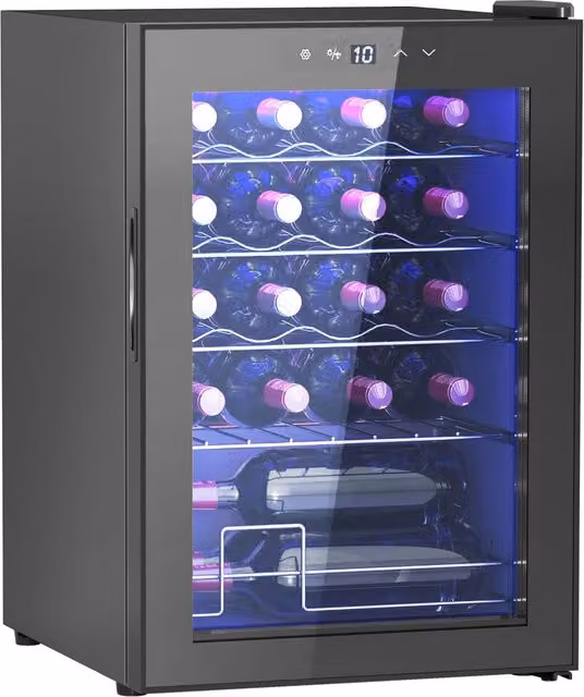 EasyComfort Cantinetta Vino Refrigerata per 20 Bottiglie, Capacità 53L, Porta in Vetro Anti-UV e Ripiani Regolabili, Nero