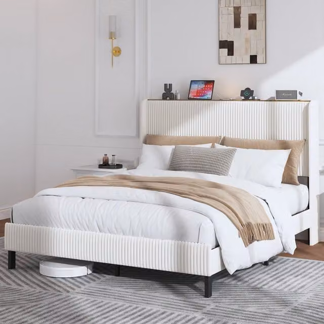Letto imbottito 160 × 200 cm in tessuto a coste beige e crema con testiera a canali e struttura in metallo