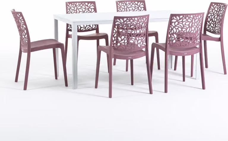 Set da pranzo per esterni con tavolo rettangolare 156x78 cm e 6 sedie impilabili in resina rinforzata con fibra di vetro - design moderno in look legno, ideale per giardino, terrazza e aree esterne coperte - THOMAS+ANNA - malva/bianco