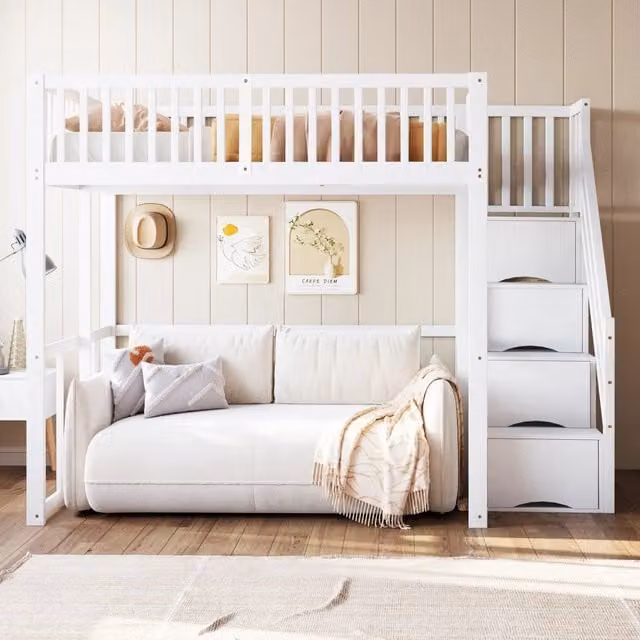 Letto a soppalco 140x200 cm in pino massello bianco con scala contenitore