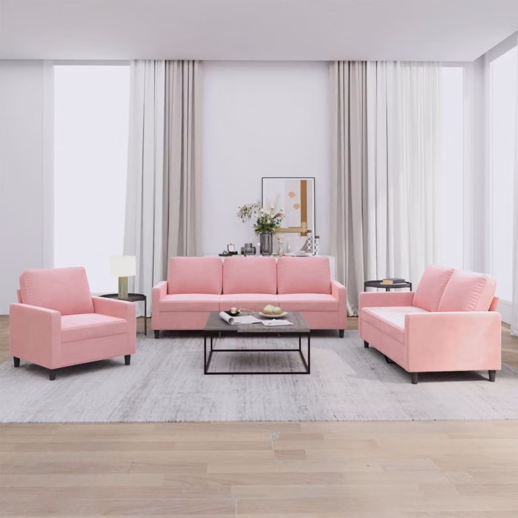 Set di divani 3 pezzi vidaXL in velluto rosa con cuscini per soggiorno moderno – 1
