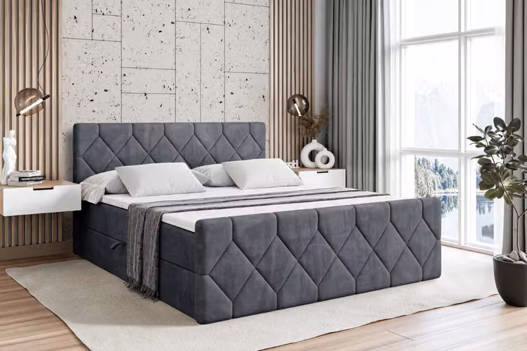 Letto boxspring ALTDECOR con pediera, materasso H3 e topper - 160x200 cm - CATOR-Z - Velluto grigio scuro - Letto imbottito con contenitore e rete a doghe, letto con spazio contenitivo