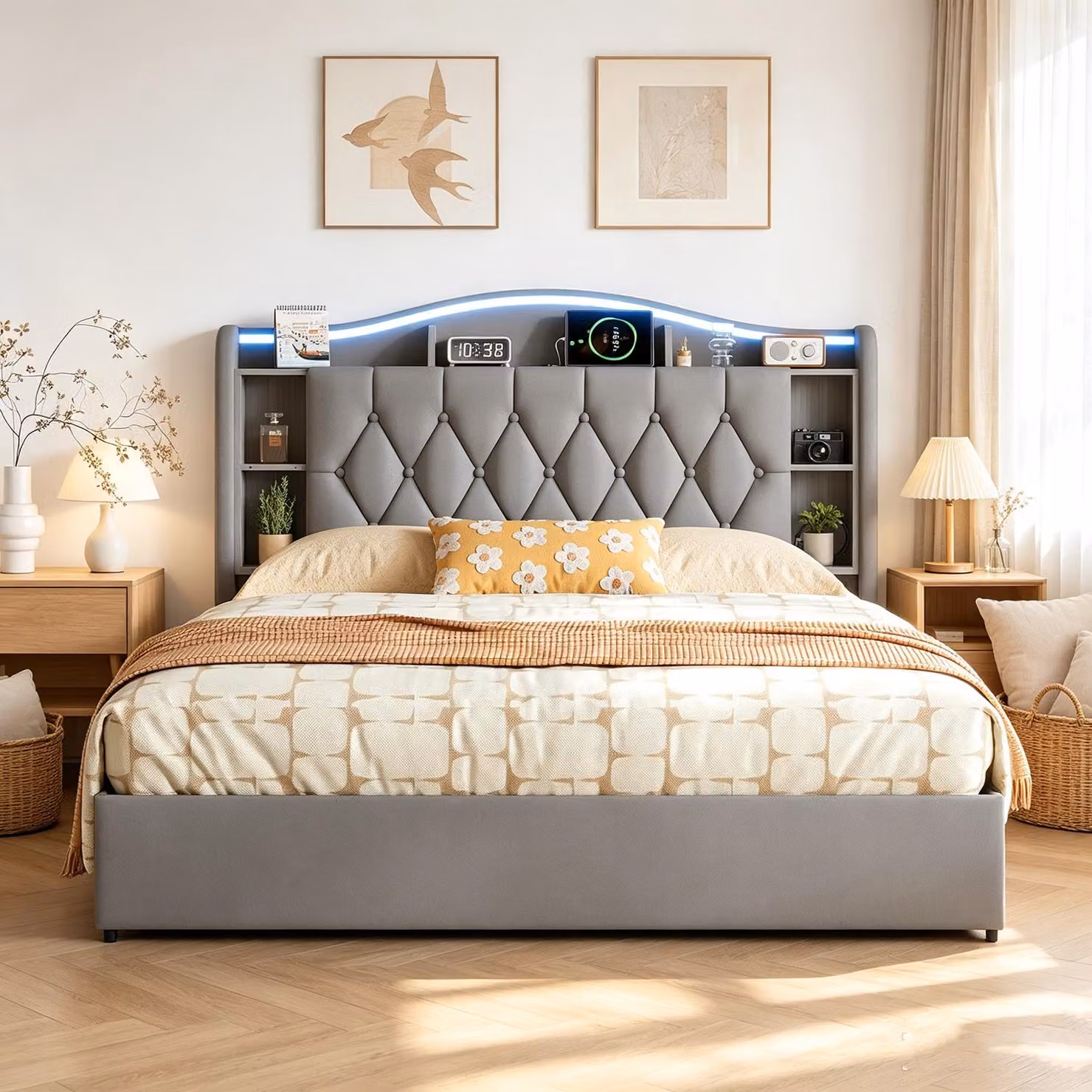 Letto matrimoniale con boxspring, imbottito, 160x200 cm, con illuminazione LED e porte USB/C, con sistema di sollevamento idraulico e spazio contenitore, struttura letto grigia in velluto
