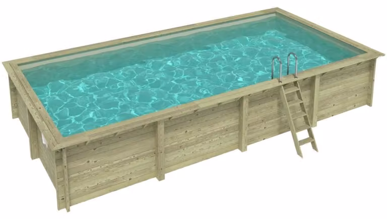 Piscina in legno AQUA 8.5 x 4.35 - H.1.45 m, sabbia, con supporti fissati al calcestruzzo