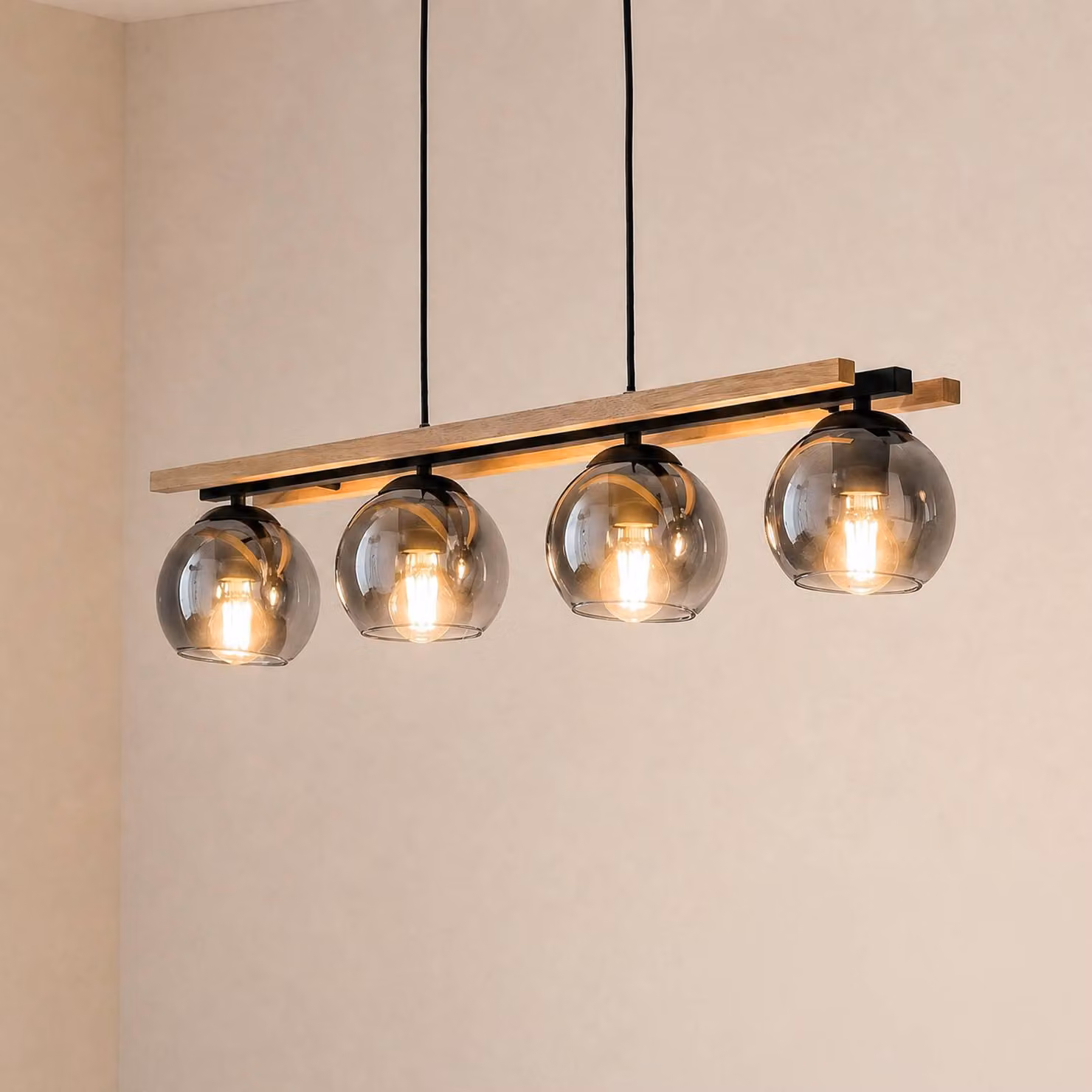 Lampada a sospensione in vetro Enrique Lindby, dimmerabile, Legno chiaro, Soggiorno / Sala da pranzo, Vetro, Moderno, Lampada a sospensione