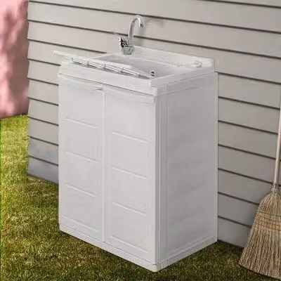 Mobile lavatoio salvaspazio bianco con vasca e ripiano interno L: 64 cm, P: 45 cm, H: 91 cm