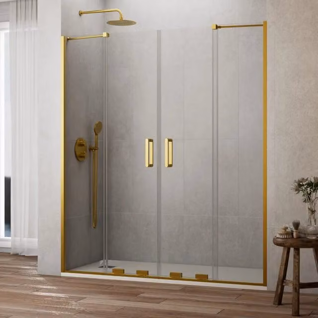 Box doccia rettangolare KENNA 2 con 2 elementi fissi e 2 scorrevoli, L: 140 cm, colore oro spazzolato e vetro trasparente